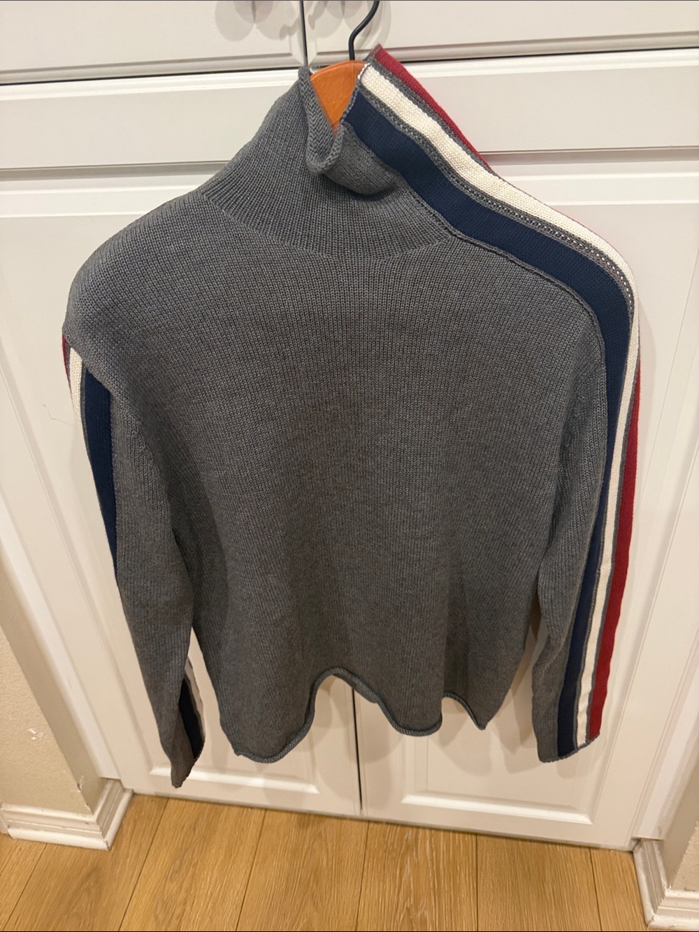 Alp N Rock Gray Crewneck Sweater with Navy, White & Red Shoulder Stripes